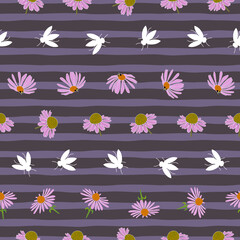 Echinacea flowers seamless pattern design on grey purple stripes