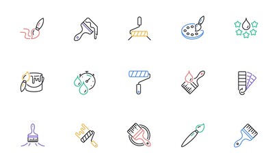 Paint brushes line icons. Color palette, Paint tin or bucket, Roller tool. Pantone samples, Dye quality, Creative art brush line icons. Finishing work, Painter tool and Dye color palette. Vector