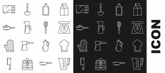 Set line Measuring cup, Chef hat, Scales, Cutting board, Frying pan, Microwave oven and Kitchen whisk icon. Vector