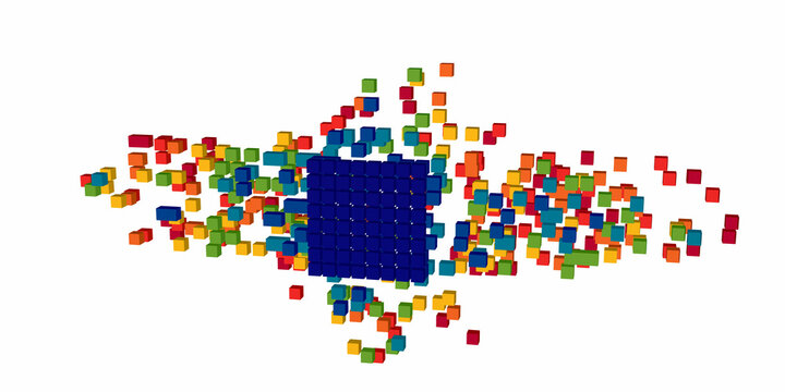 Cubic data block dissolving into small colorful cubes. Big Data concept. Voxel art. 3d Vector illustration.  .Technology concept.