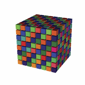Big cube from 8x8 small colorful cubes. Big Data concept. Voxel art. 3d Vector illustration.
