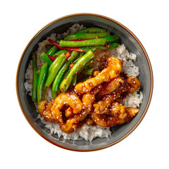 Isolated bowl of asian rice with shrimp and green beans