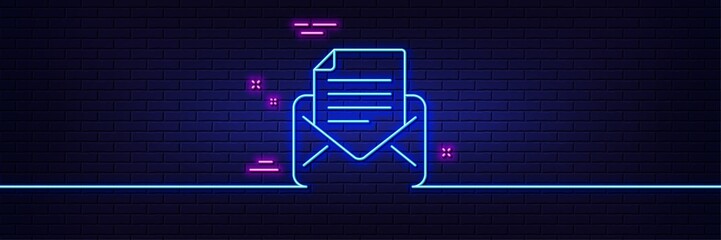 Neon light glow effect. Mail correspondence line icon. Read Message sign. E-mail symbol. 3d line neon glow icon. Brick wall banner. Mail correspondence outline. Vector