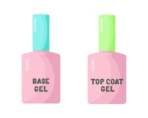 Base and top coating of gel varnish. Two pink bottles with a light green and turquoise lid and product names. Vector illustration in a flat style.