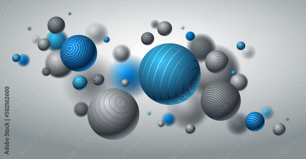 Poster abstract spheres vector background, composition of flying balls decorated with lines, 3d mixed reali