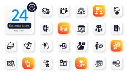 Set of People flat icons. Woman love, Info app and Inclusion elements for web application. Vip clients, Sick man, Food delivery icons. Budget accounting, Online access, Outsource work elements. Vector