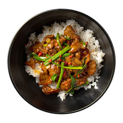 Isolated bowl of asian rice dish with meat 