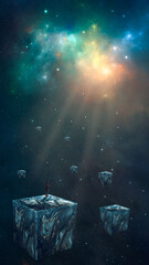 Space background. Man in casual clothes standing on marble cube in colorful nebula with star field. Fantasy, dreamlike 3D illustration