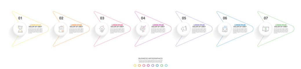 Vector line infographics with 7 arrows and circles. Modern business concept graphic process template with seven steps and icons. Graphic timeline for a project on white background