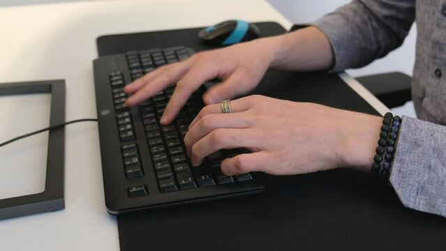 Professional businessman hands typing on a keyboard. Using internet, coding, 4K. Hands touch pointing cloud data social network media. Focus on hands typing. Software technology concept. Close up 