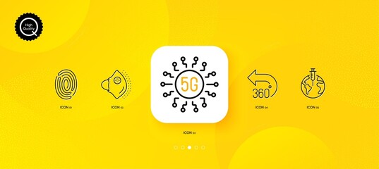 Fototapeta na wymiar Pandemic vaccine, Fingerprint and 360 degrees minimal line icons. Yellow abstract background. Medical mask, 5g technology icons. For web, application, printing. Vector