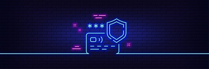 Fototapeta na wymiar Neon light glow effect. Payment protection line icon. Credit card secure sign. Money defense symbol. 3d line neon glow icon. Brick wall banner. Payment protection outline. Vector
