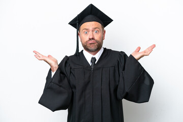 Middle age university graduate man isolated on white background having doubts while raising hands