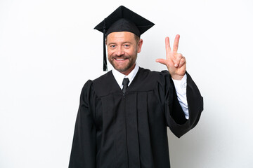 Middle age university graduate man isolated on white background happy and counting three with fingers