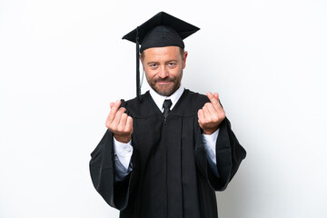 Middle age university graduate man isolated on white background making money gesture