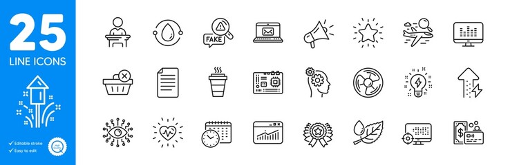 Outline icons set. Heartbeat, Rank star and Megaphone icons. Election candidate, Website statistics, Inspiration web elements. Card, Motherboard, File signs. Artificial intelligence. Vector