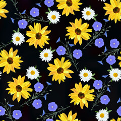 Flowers of sunflower,  chamomile, flax, flowers and blossoms linen close up on black background, seamless floral texture, raster copy