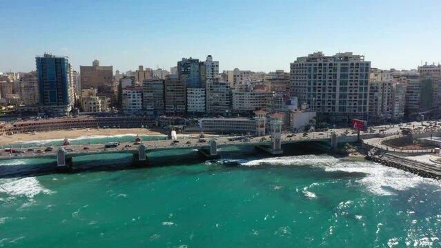 Rare Aerial Drone Shot of Stanley Bridge, and Alexandria Corniche (Alexandria, Egypt)