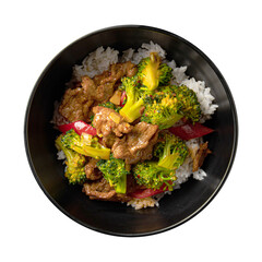 Isolated bowl of asian rice dish with meat and broccoli