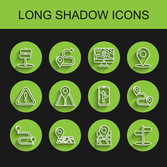 Set line Route location, Folded map with marker, Road traffic sign, and Infographic of city navigation icon. Vector
