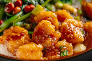 Isolated bowl of asian rice with shrimp and spinach