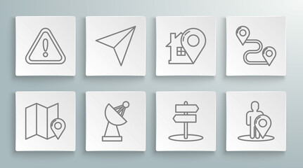 Set line Folded map with location marker, Paper airplane, Radar, Road traffic sign, Map silhouette of person, pointer house, Route and Exclamation triangle icon. Vector