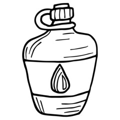 Simple hand-drawn black and white linear clipart of the flask with water. Cartoon rough vector sketch isolated on transparent background