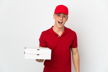 Pizza delivery man with work uniform picking up pizza boxes isolated on white background with...
