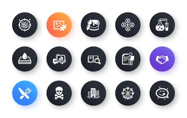 Minimal set of Brush, Job interview and Ferris wheel flat icons for web development. Buildings, Search book, Puzzle image icons. Chemistry lab, Chemical hazard, Stress web elements. Vector