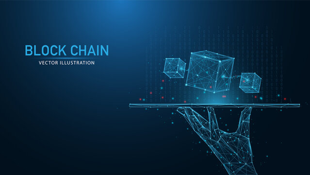 Blockchain technology concept on Low poly or polygonal style design with a chain of encrypted blocks to secure cryptocurrencies and bitcoin for online payments and money transaction on virtual screen.