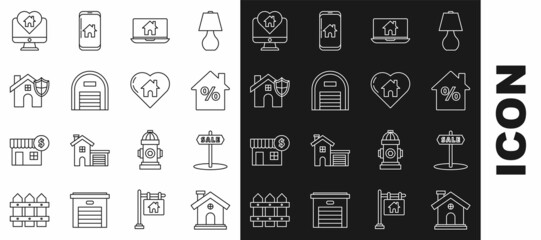 Set line House, Hanging sign with text Sale, percant discount tag, Laptop and smart home, Warehouse, shield, Monitor heart shape and icon. Vector