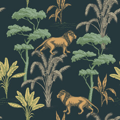 Tropical ink drawn palm trees,  lion animal summer african seamless pattern dark background. Safari wallpaper. © good_mood