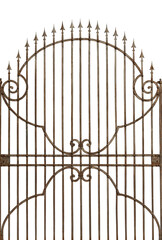 Rusty wrought iron gate with sharp points isolated on white background. Brescia, Lombardy, Italy, Europe.