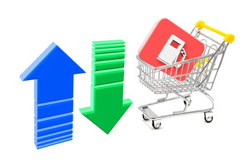 Shopping cart with fuel icon and arrows on a white background representing the rise and fall of the...