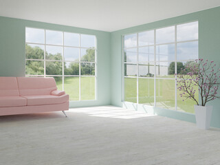 Bright room with a modern minimalist design. 3D illustration. Render