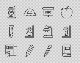 Set line Certificate template, Book, Chalkboard, Marker pen, Glass test tube flask on fire, Pencil with eraser and icon. Vector