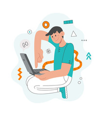 The guy uses a laptop for studying or downloading files, videos. Education, remote work on a laptop. Vector flat illustration for web banner, poster