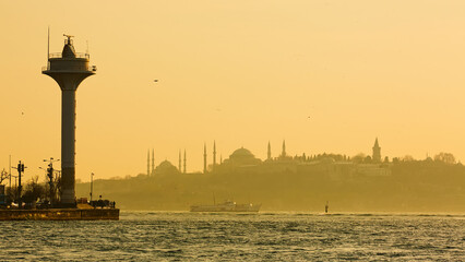 Istanbul silhouette background at with a modern naval radar tower silhouette