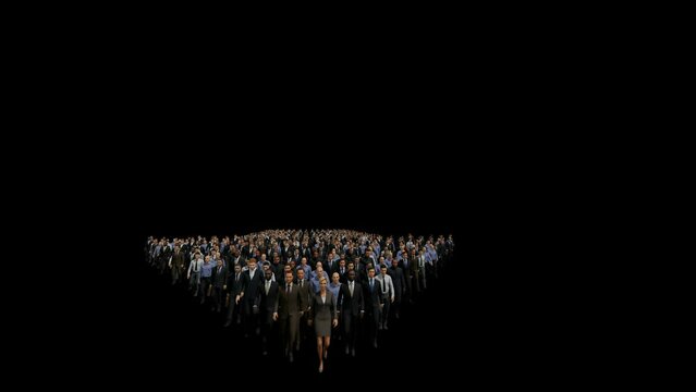 Businessmen with a businesswoman in front forming arrow shape pointing right, hd against black