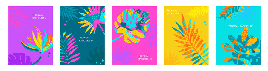 Tropical themed backgrounds. Set summer bright banners, flyers, posters with tropical leaves and geometric shapes in it. Bright template for cards,advertise, design, print. Vector Illustration. - obrazy, fototapety, plakaty