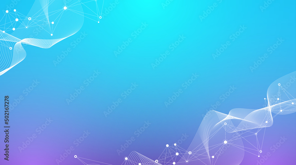 Poster Expansion of life. Colorful explosion background with connected line and dots, wave flow. Visualization Quantum technology. Abstract graphic background explosion, motion burst illustration.