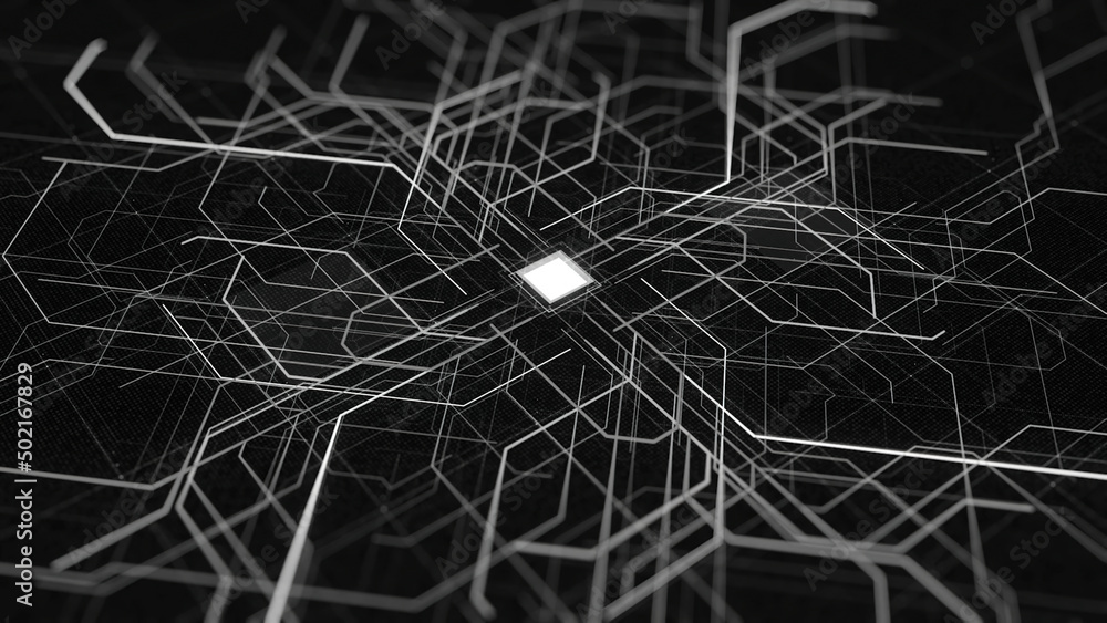 Poster computer diagram of moving networks of internet. animation. centralized diagram with moving neon lin