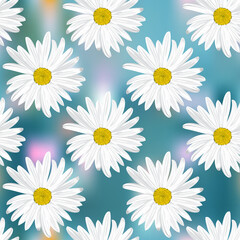 The chamomile flower. Seamless floral texture white of Daisy flower on a blue abstract background, geometric pattern