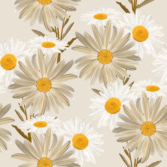Chamomile flowers. Seamless floral monochrome texture from the group of daisies on gray background, raster