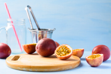 Passion fruit from local market on blue background, Tropical fruit in spring and summer season
