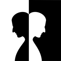Two heads turned away from each other. Psychology, neurology concept.