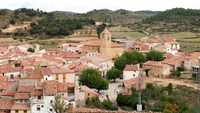 General view, zoom in of Las Parras de Castellote, beautiful and small rural town in Maestrazgo, Teruel, Aragon, Spain