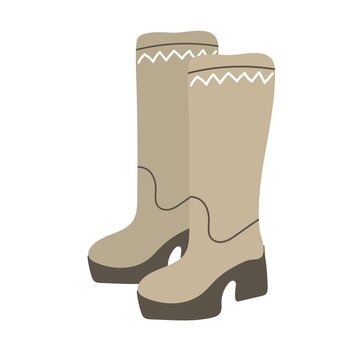 Pair of beige brown winter boots on a white background. Cute hand drawn elements for winter design. Vector illustration