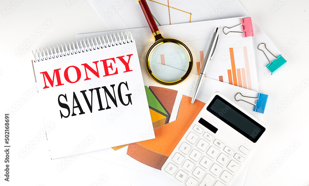 Poster white notepad text money saving with diagram,chart,calculator on the white background