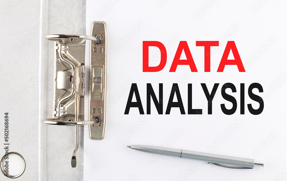 Poster data analysis text on the paper folder with pen. business concept